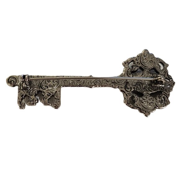 1928 Brand Red Blue Rhinestone Silver Tone Key Brooch Pin L259 - Picture 7 of 10